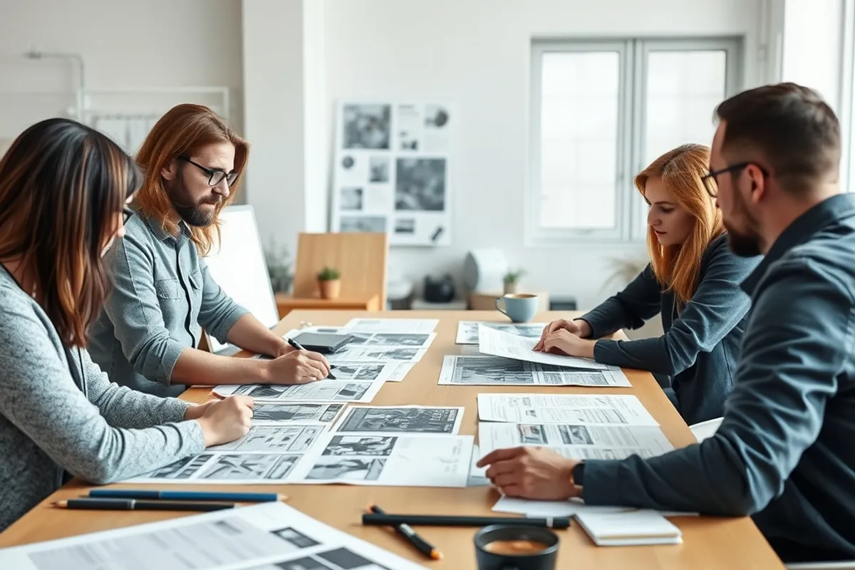A creative team reviewing printed layouts and notes around a large table in a studio.