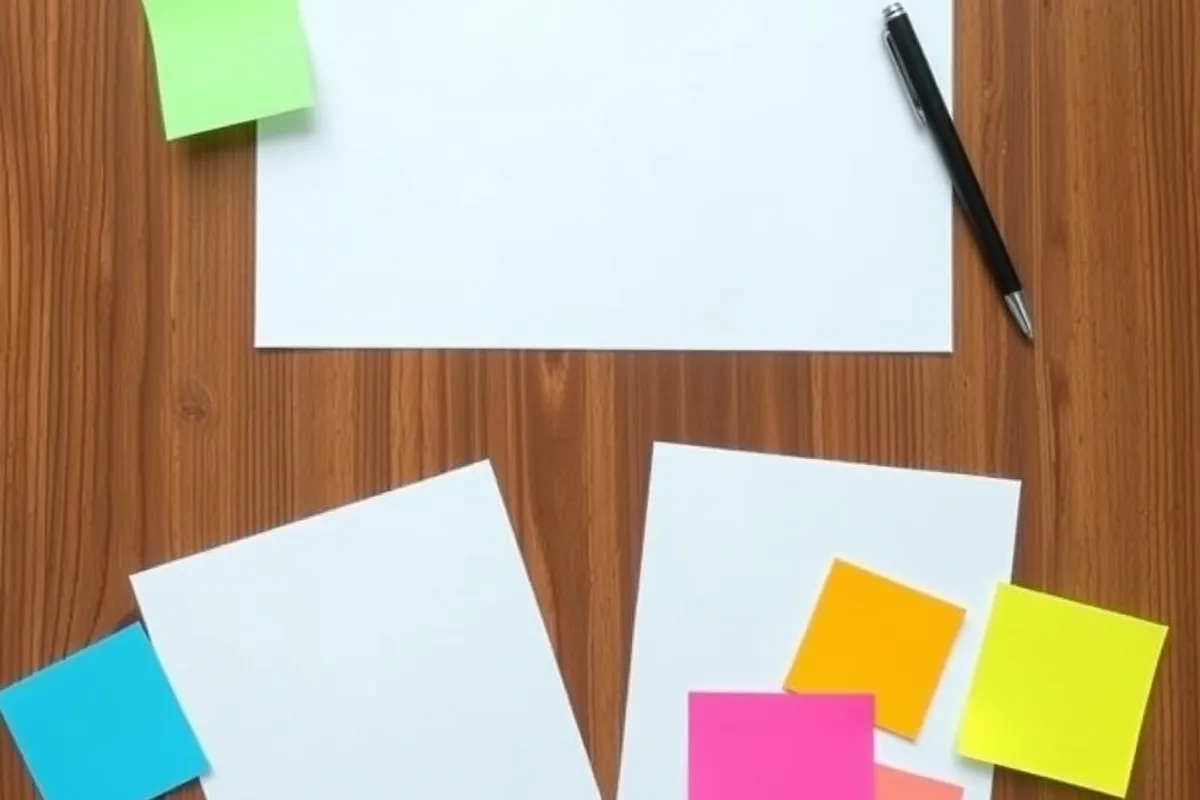 A printed project brief with sticky notes and a pen on a wooden table, top-down view.