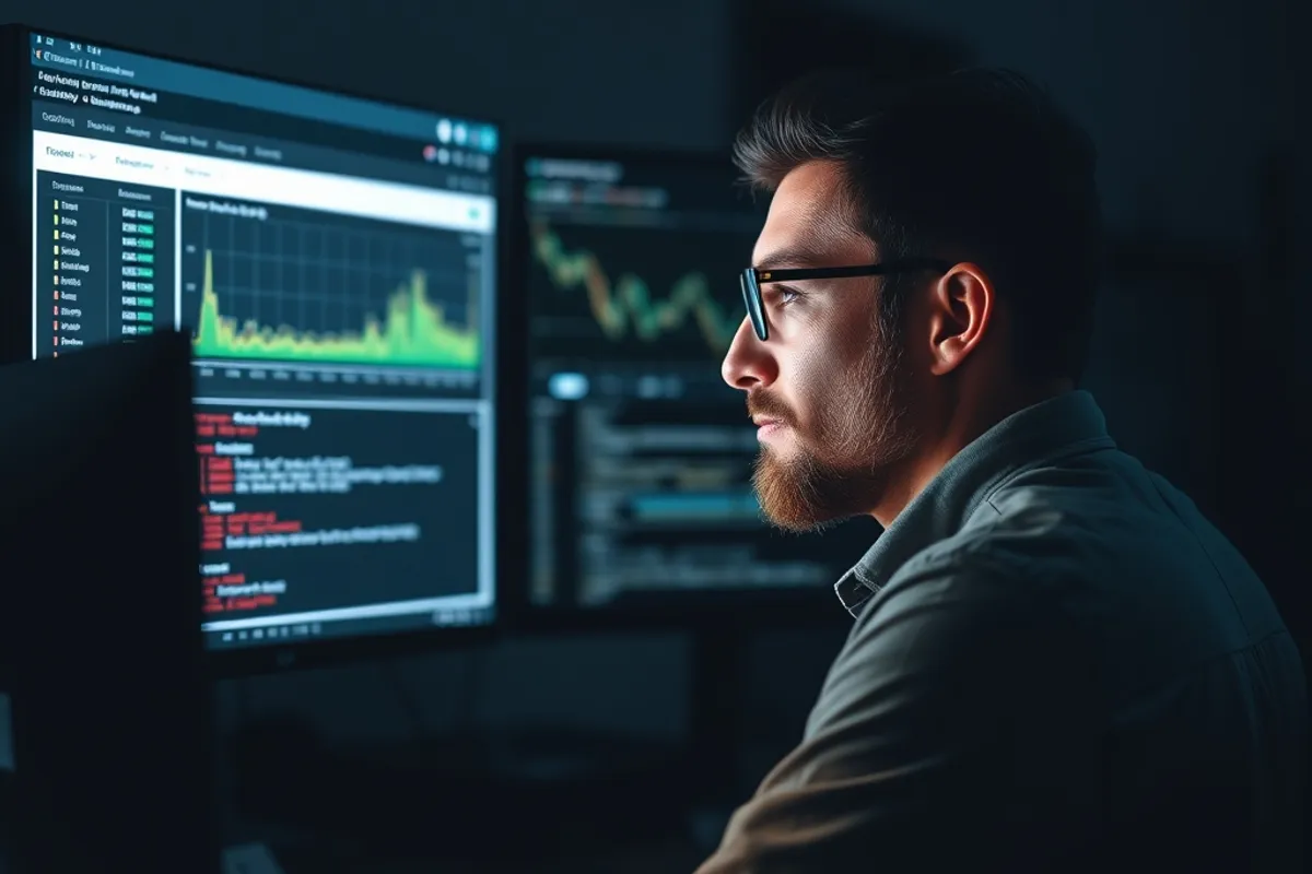 A developer reviewing a page performance report on a large monitor in a dim office.