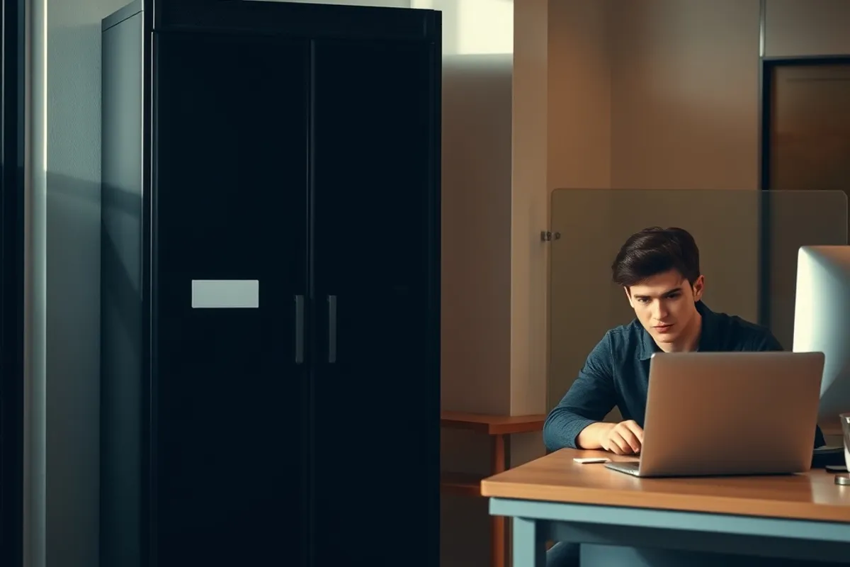A compact server cabinet beside a desk in a small modern office, with a technician checking a laptop.