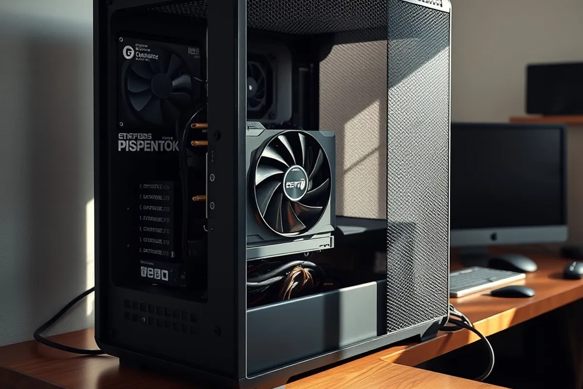 A compact GPU workstation on a desk in a small office, cables neatly routed, daylight from a window.