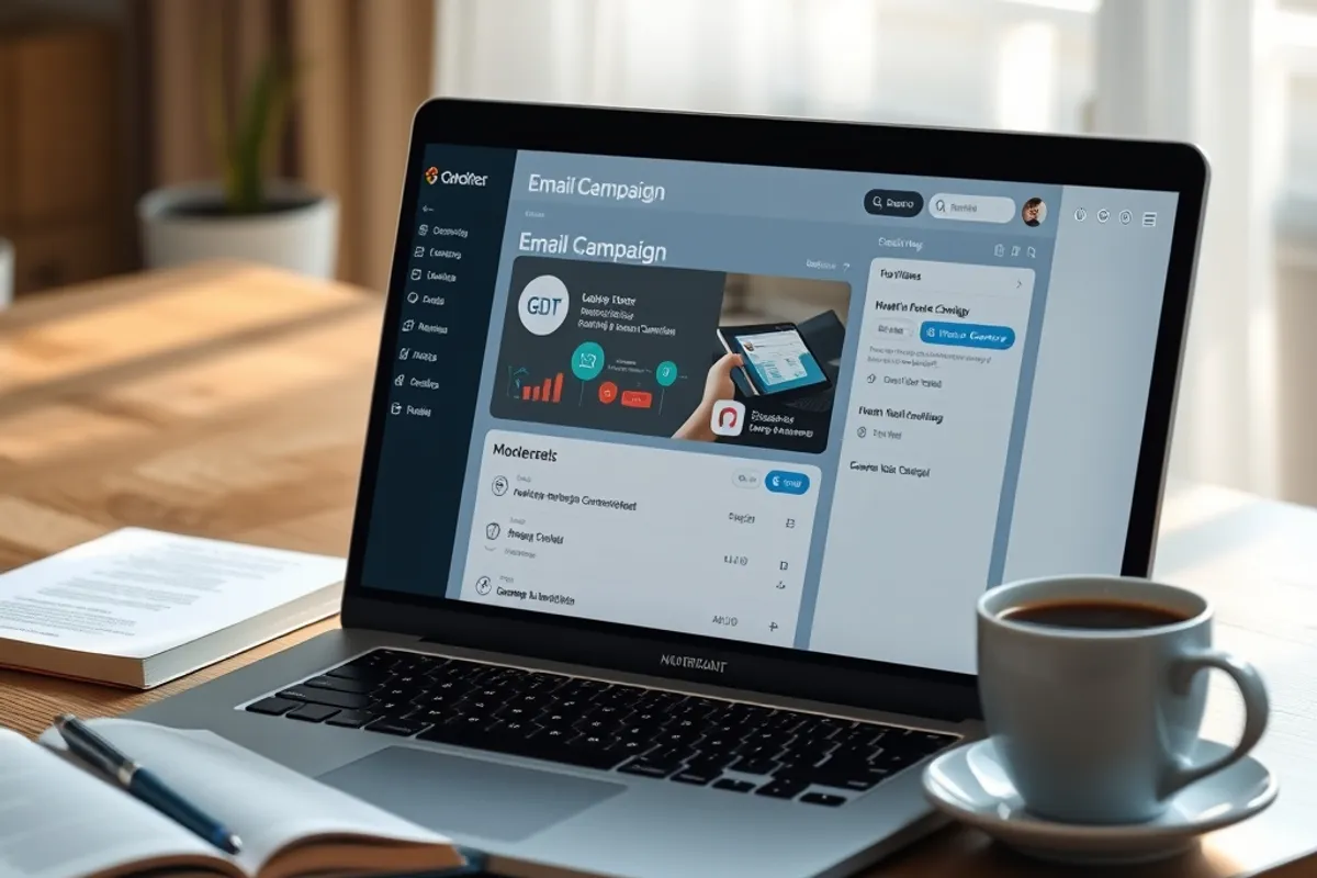 A laptop showing an email campaign dashboard beside a notebook and a cup of coffee.