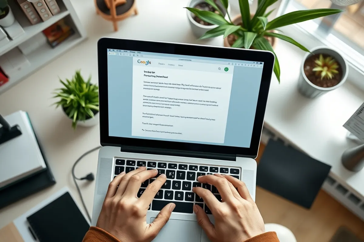A person typing an email on a laptop in a bright home office, seen from above.