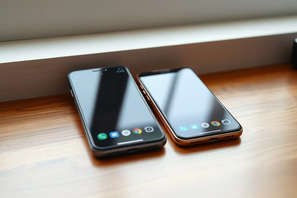 Two flagship smartphones side by side on a wooden desk, screens on, soft window light.