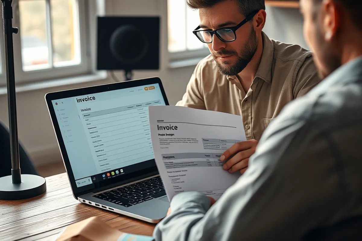 A studio owner reviewing an invoice and project budget on a laptop at a wooden desk.