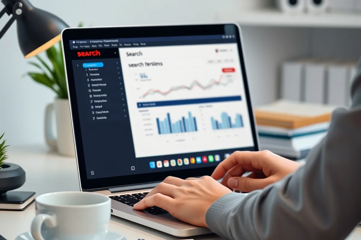 A marketer reviewing search performance charts on a laptop at a tidy desk.