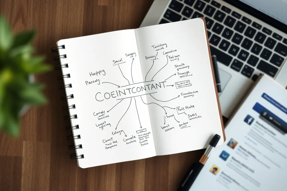 A notebook with a hand-drawn content map beside a laptop showing a search results page.