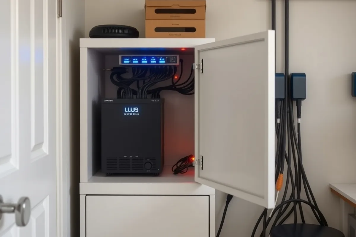 A small home network cabinet with a battery backup unit and status lights in a utility room.