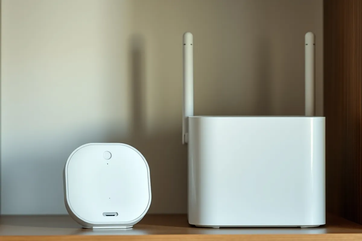 A smart hub and a battery backup sitting on a shelf beside a router, soft indoor light.