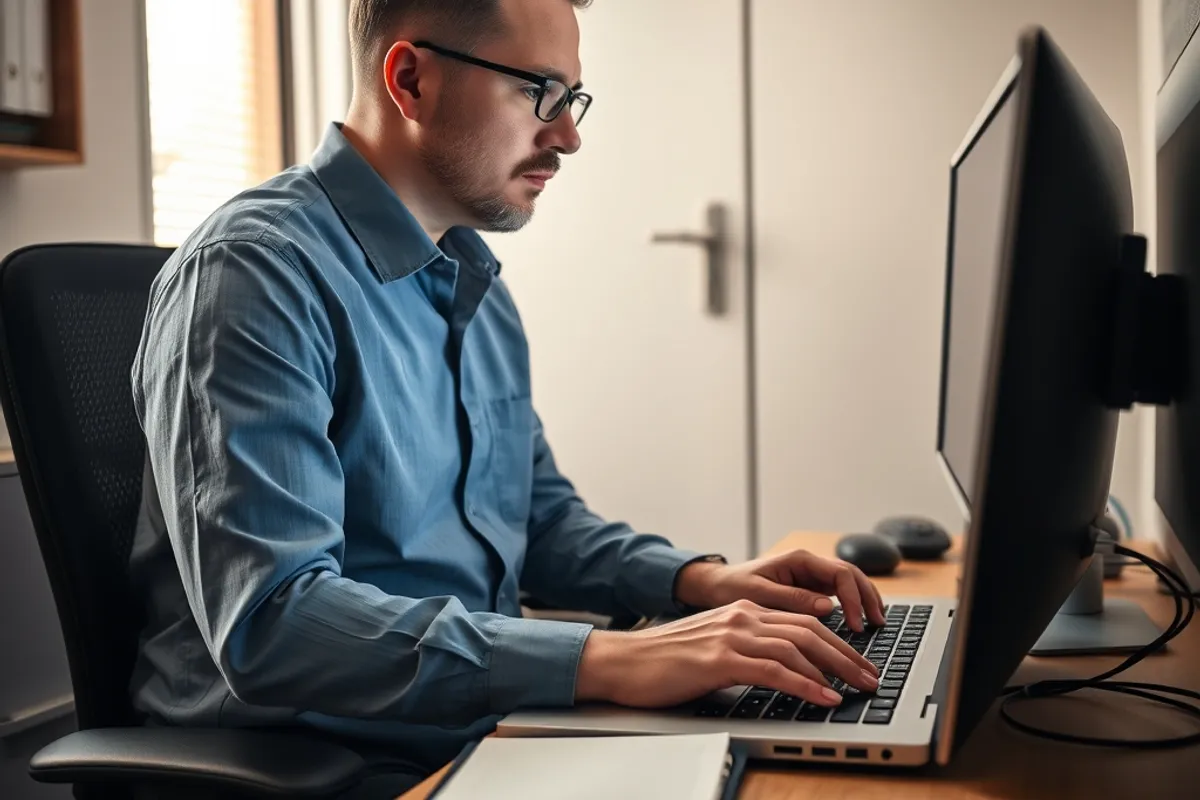 An IT administrator reviewing access permissions on a laptop in a small office.