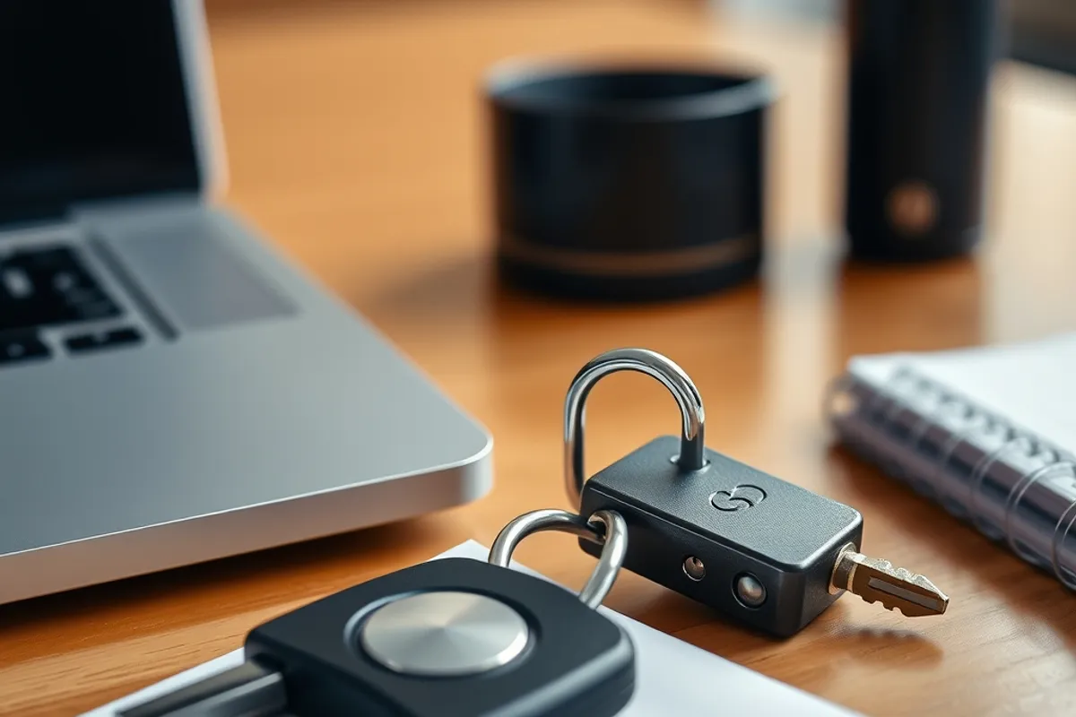 A security key and a laptop on a desk beside a notebook, close-up, office light.